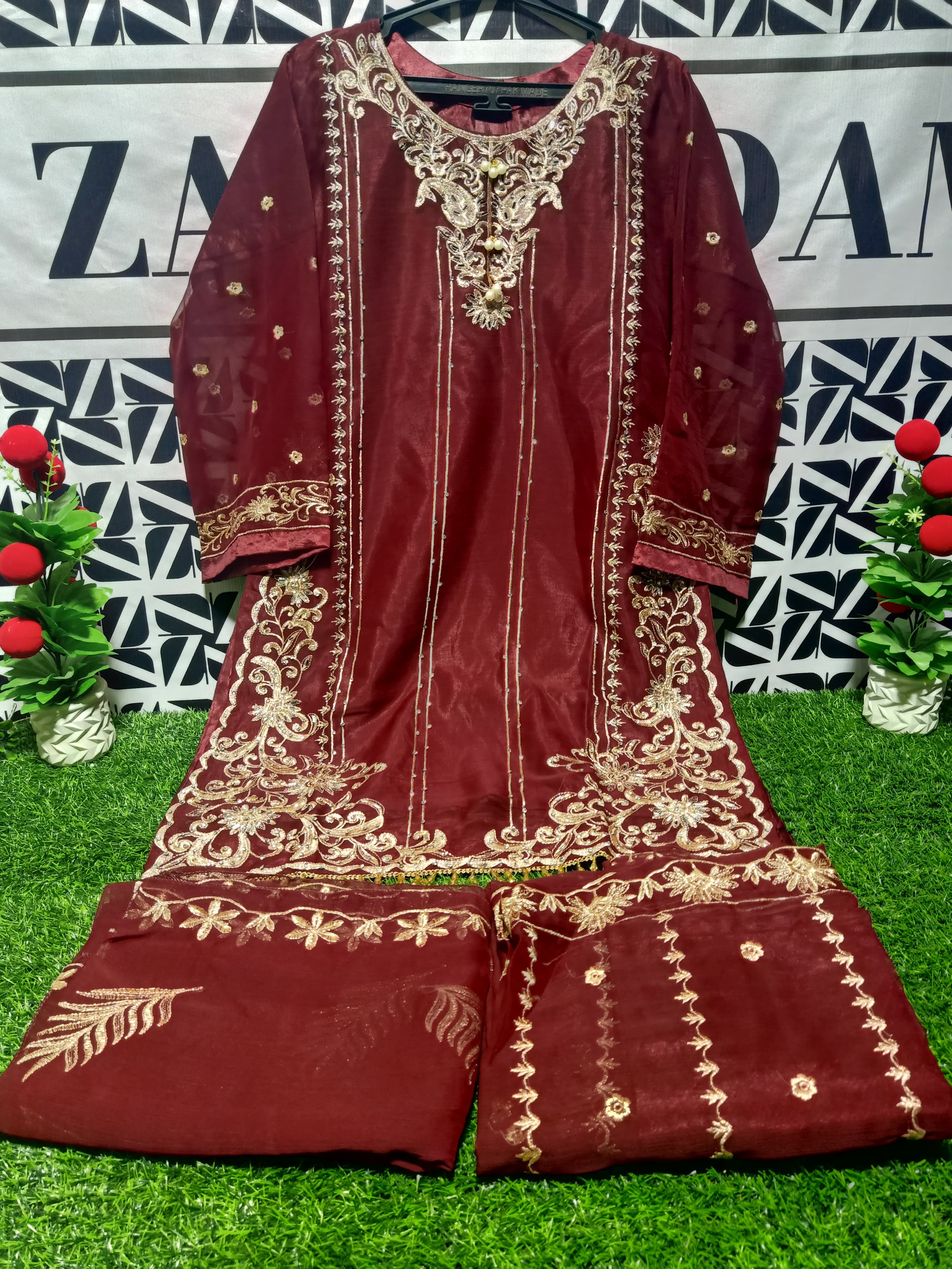 Zar Élan - Gold Embroidered Shafoon 3-Piece Suit with Trouser & Dupatta